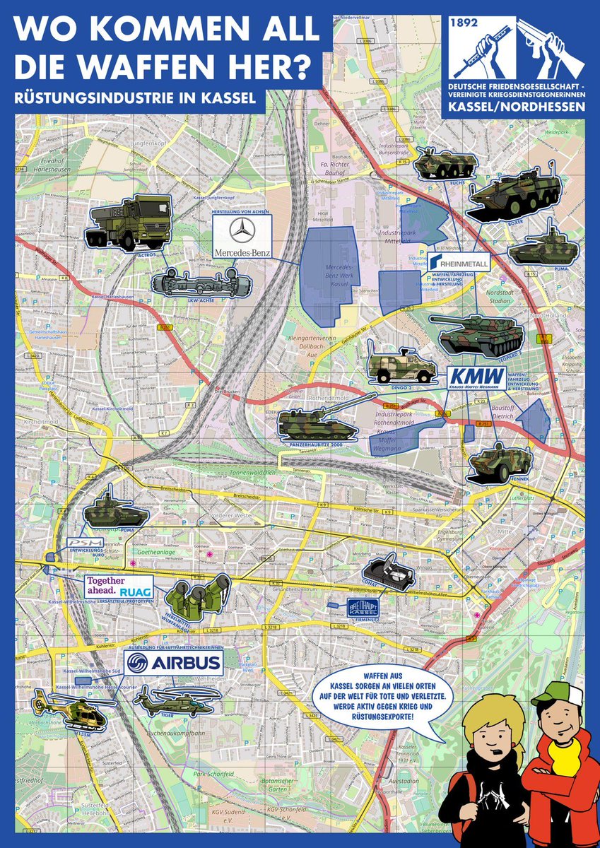 Kassel ist ein Hotspot der Rüstungsindustrie. 
Am 28. August werden wir gemeinsam vor Ort sein. 

Hier sitzen #Airbus #MercedesBenz #KMW #PSM #Rheinmetall u.a.m. 

Alle sind auf der Karte der DFG/VK zu sehen. 
#RheinmetallEntwaffnen