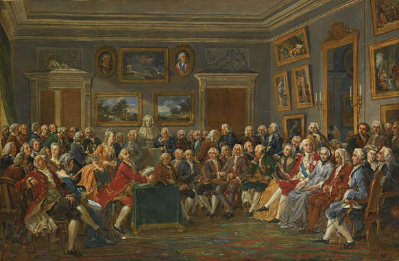 Oil painting of room all full of white people from the Age o