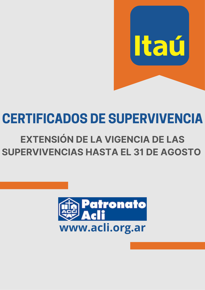 PatronatoAcliAR's tweet photo. ⚠️NUEVA PRÓRROGA - SUPERVIVENCIA BANCO ITAÚ ⚠️

El #BancoItaú ha decidido extender la validez de los certificados de supervivencia HASTA EL 31 DE AGOSTO. Por lo tanto, no será necesaria su renovación hasta dicha fecha.

Gracias por la atención
PATRONATO ACLI ARGENTINA https://t.co/hhebyJe7yi
