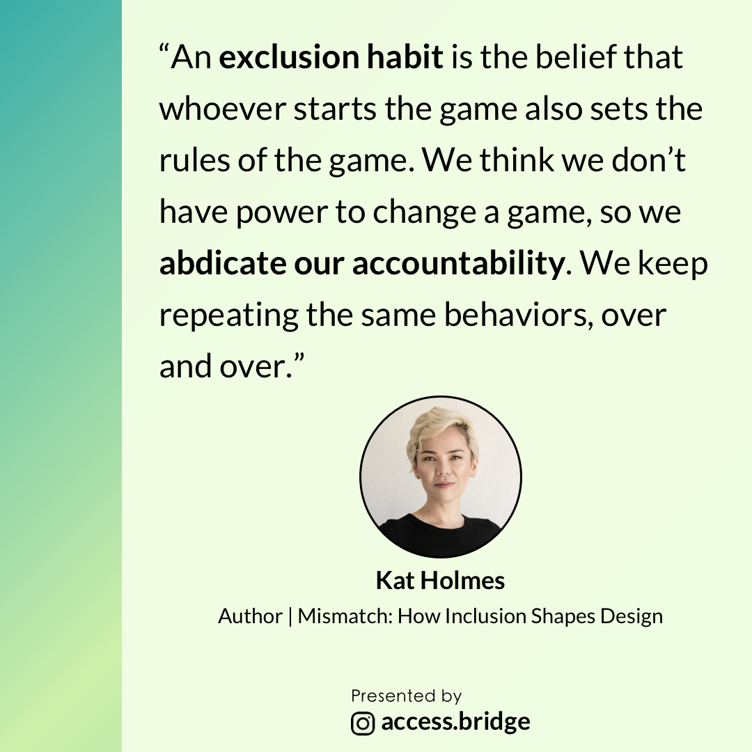 access_bridge's tweet photo. In a time when we want to be as inclusive as possible, it's important to understand what role we play, and how we can stay accountable. 

#katholmes #designquote #ux #ui #uxui #accessibility #inclusivedesign #designethics #designresponsibly https://t.co/3GsiaUNkeT