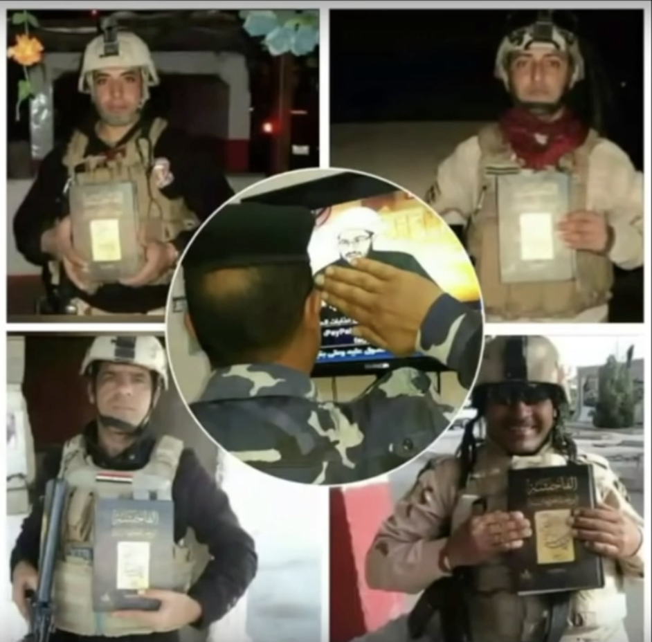 Soldiers from the Iraqi army often pose for pictures with Yasser Al Habib's slanderous book which accuses revered Sunni figure Aisha, may Allah be pleased of her, of many hateful claims such as she was impure and promiscuous (may Allah forgive me for repeating).