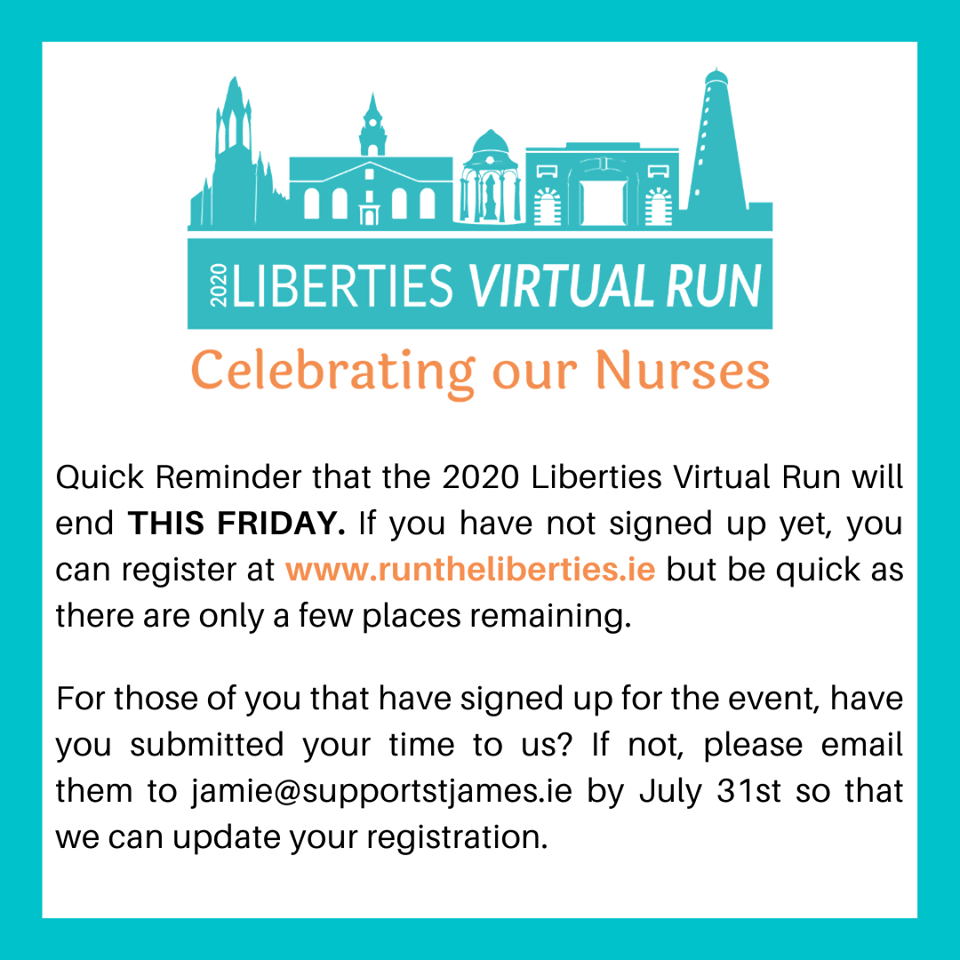 JamesFoundation's tweet photo. CLOSING FRIDAY... You still have time (just about!) to sign up for our Liberties Virtual Run in aid of our amazing Nursing Dept here at @stjamesdublin 

Find out everything you need to know at... https://t.co/e74rI4hQjp 

#runtheliberties #running #runningmotivation https://t.co/4Ay6mlafPy