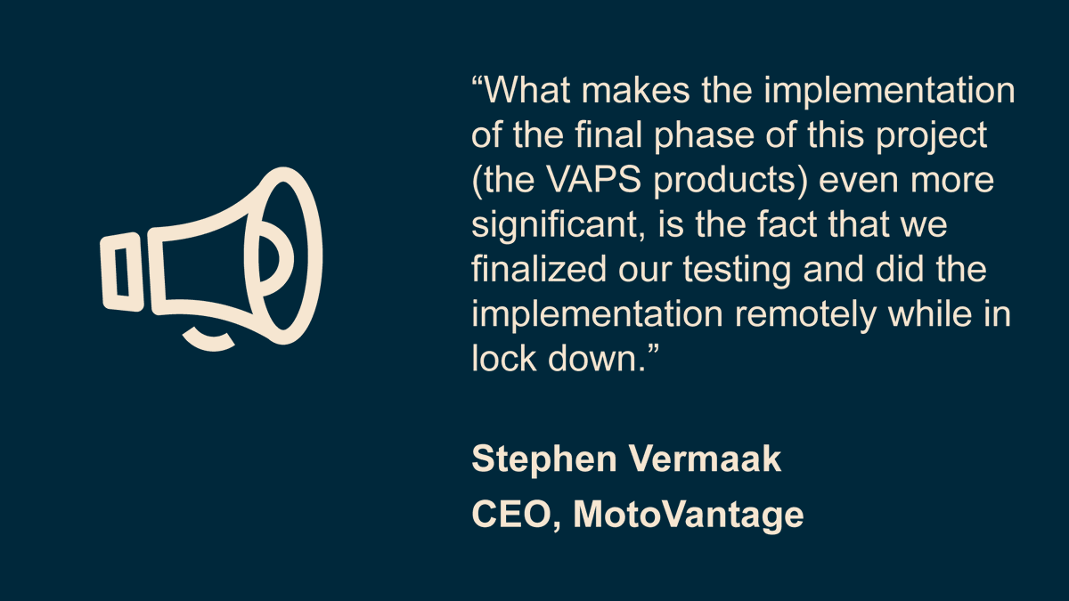 TiaTechnology's tweet photo. Amongst the backdrop of a lock down in SA, we are delighted to announce that our most recent installation, at MotoVantage, has been successfully completed on time. A big thanks to everyone in the Tia and MotoVantage implementation teams #collaboration https://t.co/FQ0yL8ZF02 https://t.co/I9sPBIsDuA