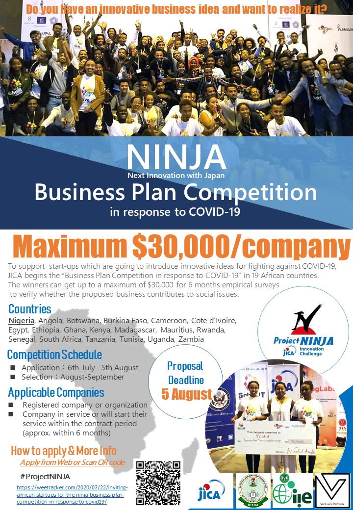 JicaNigeria's tweet photo. The last 9 days until the end of application to JICA NINJA Business Competition! Total number of proposals is 185 in Nigeria. Don't miss a chance, apply from here!https://t.co/puFWN4hiph
#ProjectNINJA #JICA #Nigeria #innovation #startups #NITDA #OIIE https://t.co/23kxU7M1ks