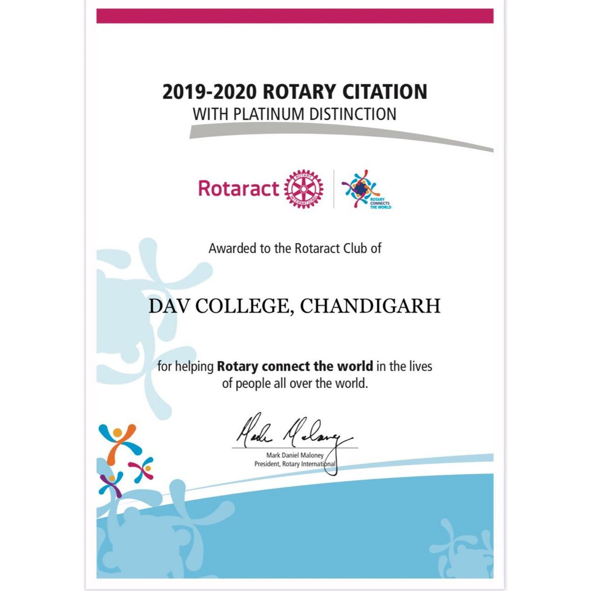 DavcRotaract's tweet photo. Yet another feather was added to the cap of our club  when the club was awarded 2019-20 Rotary Citation with platinum distinction  for our efforts and support towards its social welfare activities and connecting the world through our service, throughout the rota-year. https://t.co/6MdHBuydF9