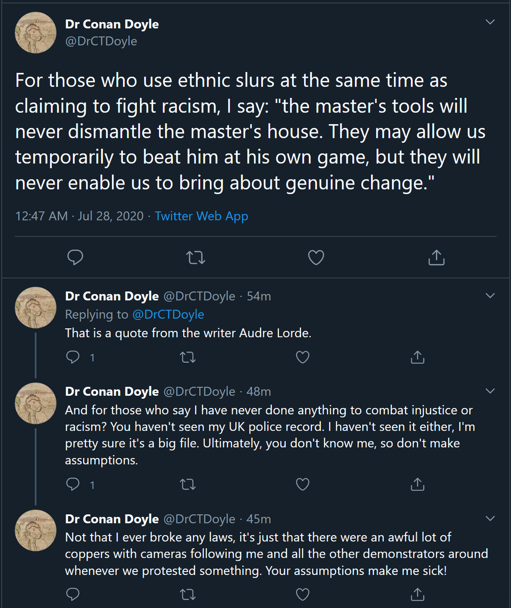 Dr. Doyle also quotes Audre Lorde at her to explain that she -- a Black woman -- is doing anti-racism wrong bc she used an "ethnic slur": called a white person whose username is "Paddy[something]" "Paddywack".