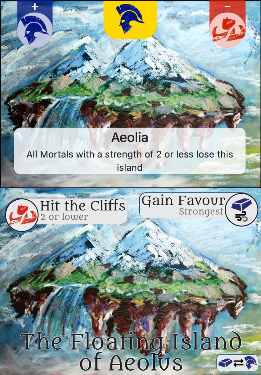 pdyxs's tweet photo. Ahead of tomorrow’s playtest, I’ve been working on making the Island cards for The Odysseys more evocative. Here you can see the before (top) and after (bottom) of a few cards - art, as always, by the awesome Vicente Araullo-Peters

#gamdev #boardgames #cardgame #design https://t.co/6WjoBKmrRd