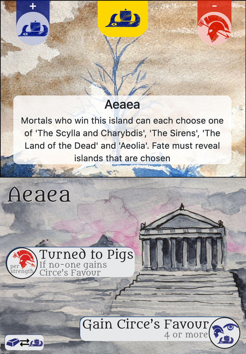 pdyxs's tweet photo. Ahead of tomorrow’s playtest, I’ve been working on making the Island cards for The Odysseys more evocative. Here you can see the before (top) and after (bottom) of a few cards - art, as always, by the awesome Vicente Araullo-Peters

#gamdev #boardgames #cardgame #design https://t.co/6WjoBKmrRd