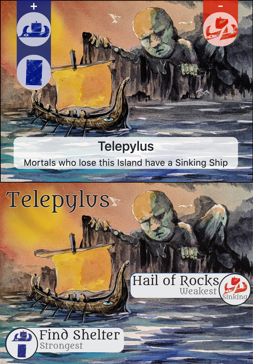 pdyxs's tweet photo. Ahead of tomorrow’s playtest, I’ve been working on making the Island cards for The Odysseys more evocative. Here you can see the before (top) and after (bottom) of a few cards - art, as always, by the awesome Vicente Araullo-Peters

#gamdev #boardgames #cardgame #design https://t.co/6WjoBKmrRd
