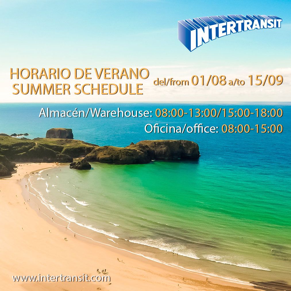 intertransit's tweet photo. Como cada año, a partir del 1 de Agosto INTERTRANSIT adopta sus horarios de verano en oficinas y almacenes hasta el próximo 15 de septiembre.

Oficinas de 8h a 15h

Almacenes de 8h a 13h y de 15h a 18h

https://t.co/Pq3HLpTz5T https://t.co/hog0fhCykj