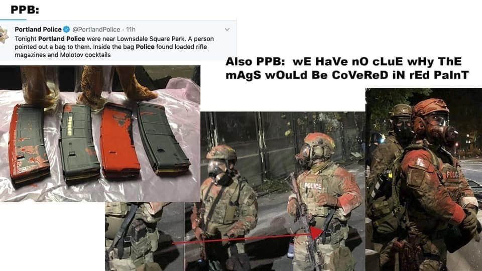 Protester alerted Portland Police of a suspicious bag that was filled with rifle magazines & Molotov cocktails. PPB claim not to know why the weaponry was covered in paint. I guess detective work isn't their strong suit! #standwithportland #TrumpIsACriminal