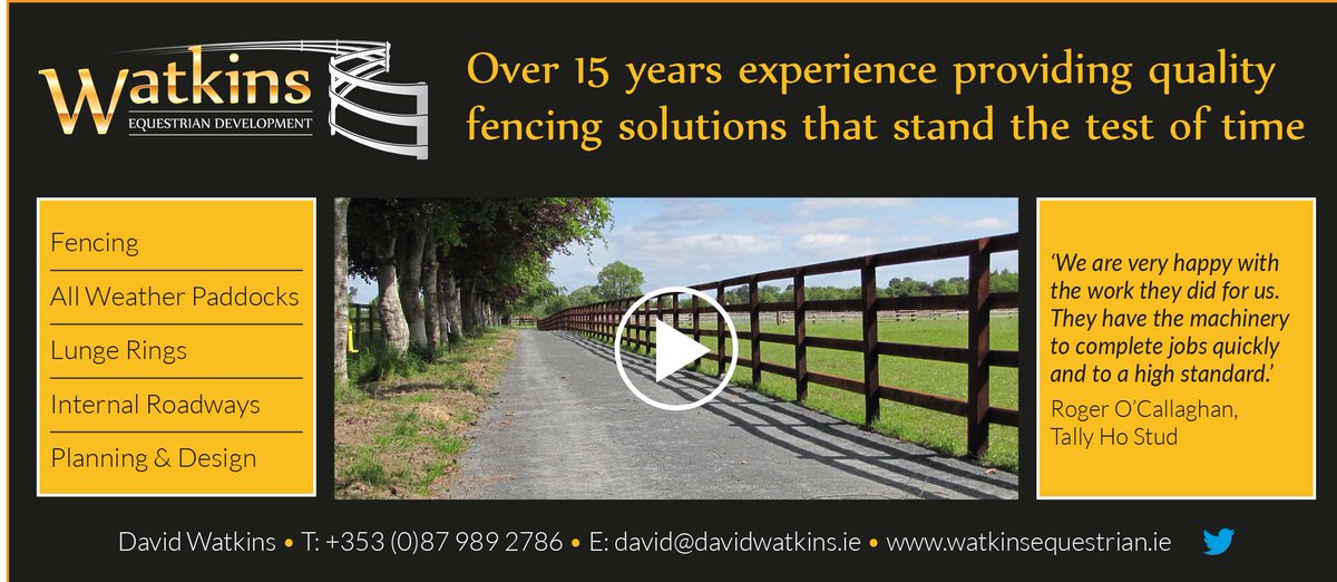 💪 <a href="/Watkins_Eq/">Watkins Equestrian Development</a> has over 15 years experience providing quality fencing solutions that stand the test of time...

⭐️Fencing ⭐️ All Weather Paddocks ⭐️ Lunge Rings ⭐️  Internal Roadways ⭐️ Planning &amp; Design ⭐️

📽️ Check them out here 👉 watkinsequestrian.ie