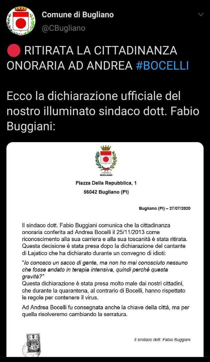 perchetendenza's tweet photo. "Bugliano":
Perché il fittizio Comune ha annunciato che sarebbe stata ritirata la cittadinanza onoraria ad Andrea Bocelli e @TW_laPadania ha pubblicato un articolo sulla notizia, senza sapere che Bugliano non esiste https://t.co/Z3ivUAHDbS