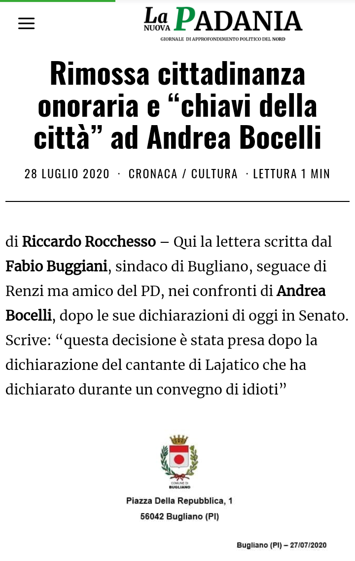 perchetendenza's tweet photo. "Bugliano":
Perché il fittizio Comune ha annunciato che sarebbe stata ritirata la cittadinanza onoraria ad Andrea Bocelli e @TW_laPadania ha pubblicato un articolo sulla notizia, senza sapere che Bugliano non esiste https://t.co/Z3ivUAHDbS