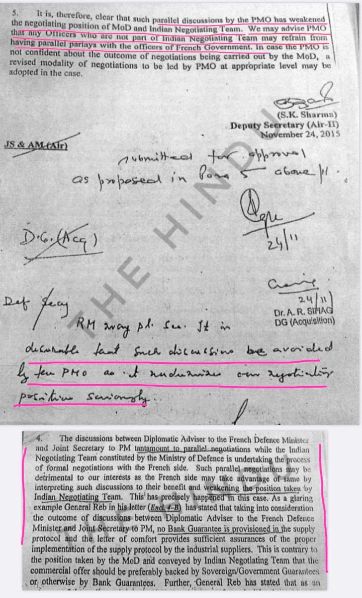 अगर कोई खेल नहीं था तो INT को दरकिनार कर PMO ख़ुद राफेल डील Negotiation क्यों कर रहा था?24-11-2015 को रक्षा सचिव ने रक्षामंत्री को फाईल पर लिखकर एतराज किया था कि PMO, INT को दरकिनार कर राफेल की Direct Negotiation कर रहा है, जिससे INT की स्थिति बहुत कमजोर पड़ गई6/n #Rafale