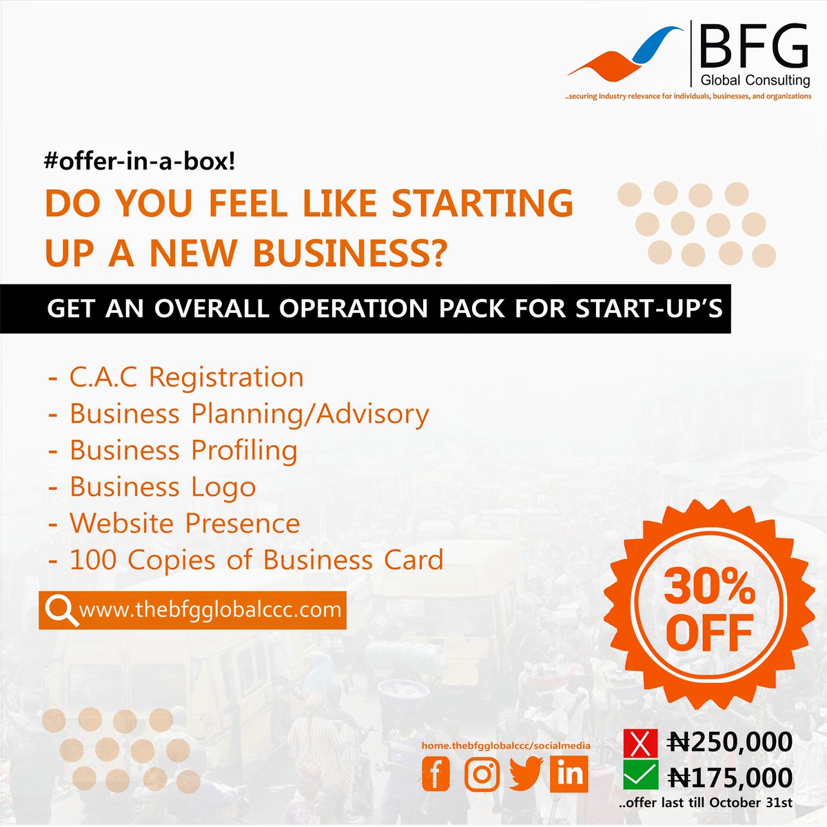 BFGConsults's tweet photo. Today at https://t.co/GnNW6D7wpD we launched a new discounted offer in a bid to support Start-Up's. Helping them with most needed service to make them run as a legitimate community. Offer last till october 31st. #BFGConsults #ThinkBFG
#Support4StartUps #Sales #Business #Growth https://t.co/Ap7aLSV7FW