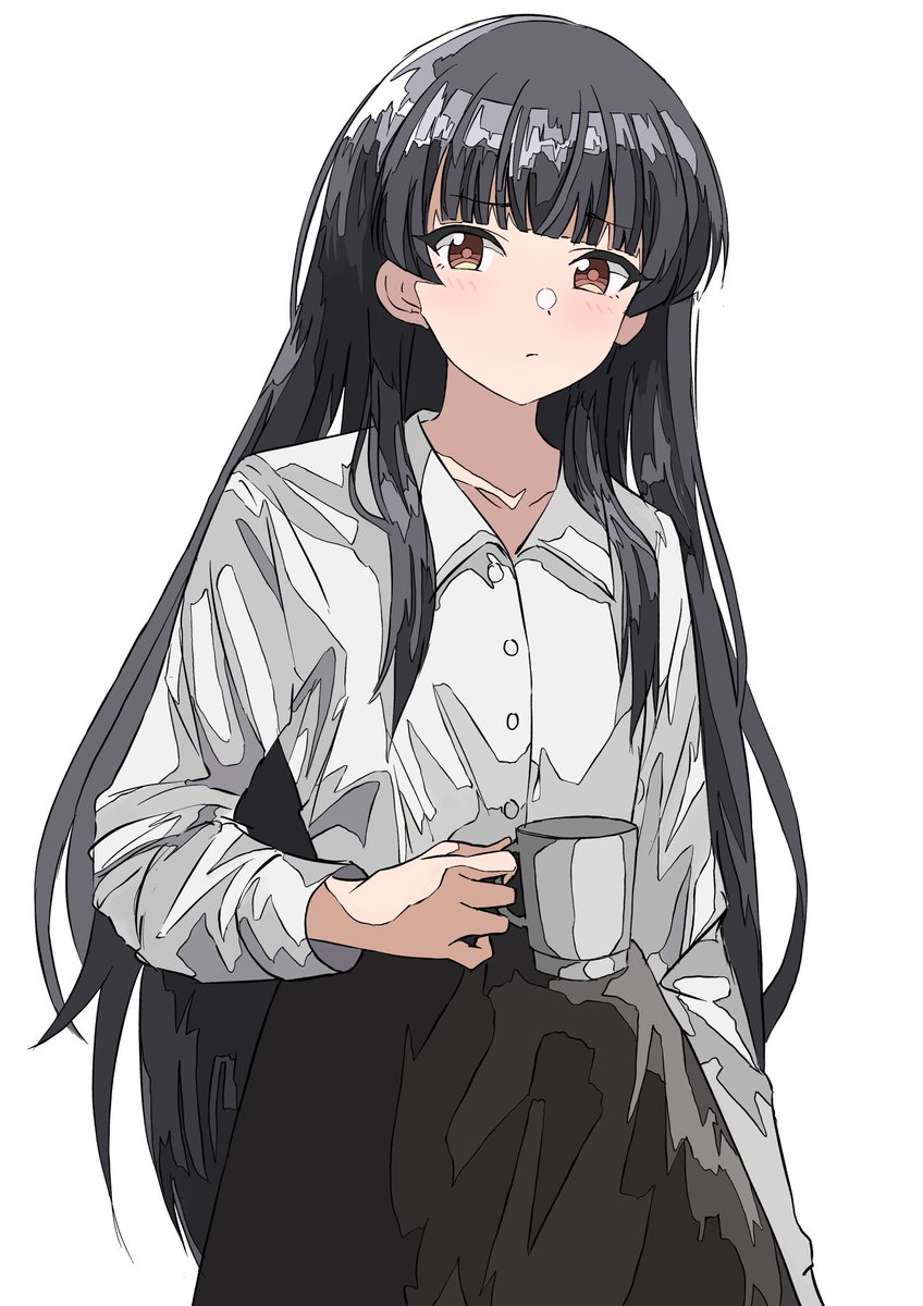 mayuzumi fuyuko 1girl solo black hair long hair shirt cup white background  illustration images