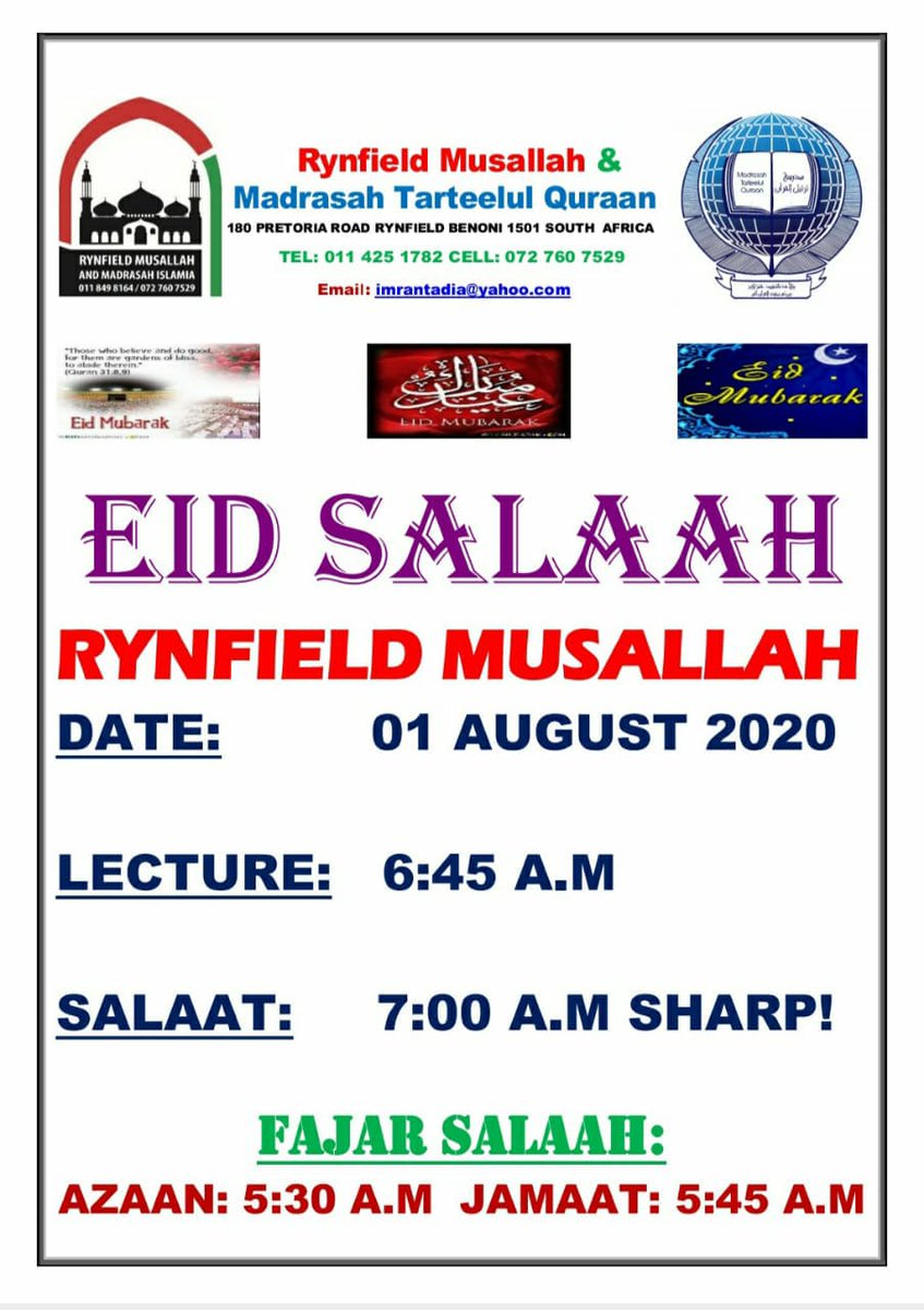smspatel's tweet photo. Eid-ul-Adha Salaah #Rynfield 
@Jamiatsa @MasjidProgs @naumaan26 @SBbmnotices #EidUlAdhaProg https://t.co/JauT4qwNCl