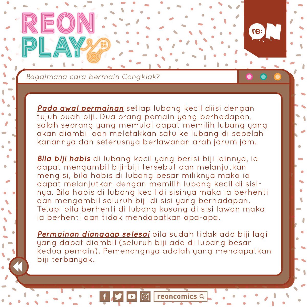 reoncomics's tweet photo. Kembali lagi di #reONPlay!
Masih seputar permainan tahun 90-an! Kali ini kita akan bahas permainan congklak! Siapa nih yang dulu jago main congklak? Ceritain, dong! 🤗
Permainan 90-an apa nih yang mau dibahas berikutnya? Tulis di kolom komentar, ya!
#permainan90an #congklak https://t.co/Z2cGdeLKeD