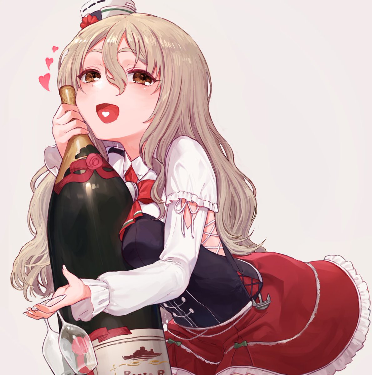 pola (kancolle) 1girl solo skirt hat bottle brown eyes heart  illustration images