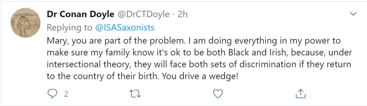 Then, ofc, the white man states that the Black woman is violating intersectionality & is "part of the problem" by criticizing a white Irish man. But, as  @sandylocks argued when COINING intersectional theory, its purpose is to center the marginalization of Black women. Full stop.