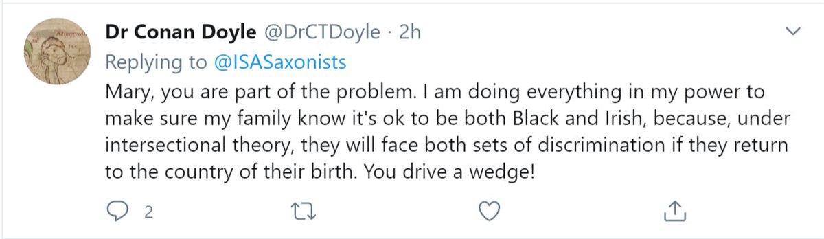 Then, ofc, the white man states that the Black woman is violating intersectionality & is "part of the problem" by criticizing a white Irish man. But, as  @sandylocks argued when COINING intersectional theory, its purpose is to center the marginalization of Black women. Full stop.