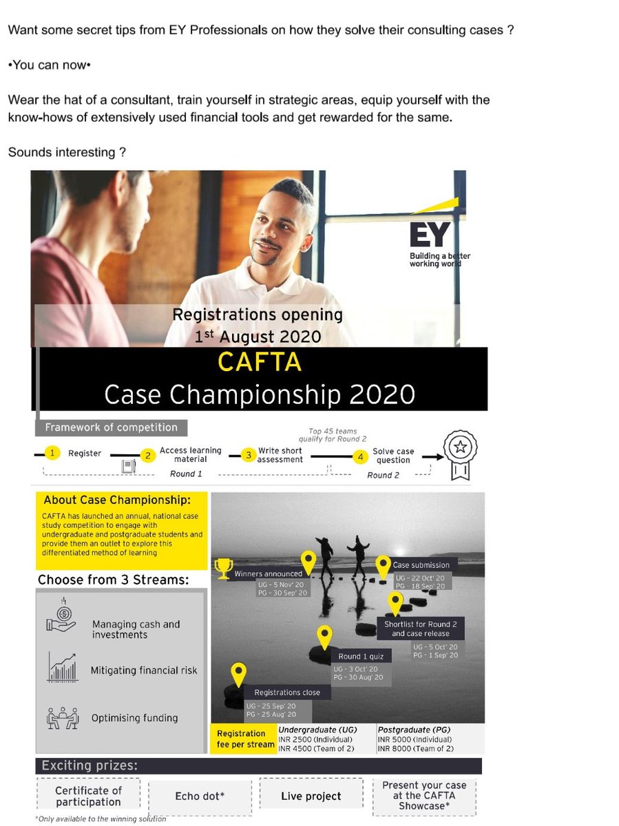 For more info, register at: forms.office.com/Pages/Response…ÖTG2Qt6OPURURBQINJMKURSEVRSTCYREU5MTILVTNSVy4u
Follow the hashtag #EYCAFTACC2020 to stay updated!
#EY #EYCAFTA  #casestudycompetition #Consulting #finance #casestudy #treasury #casesolution  #ConsultingCase #casecompetition