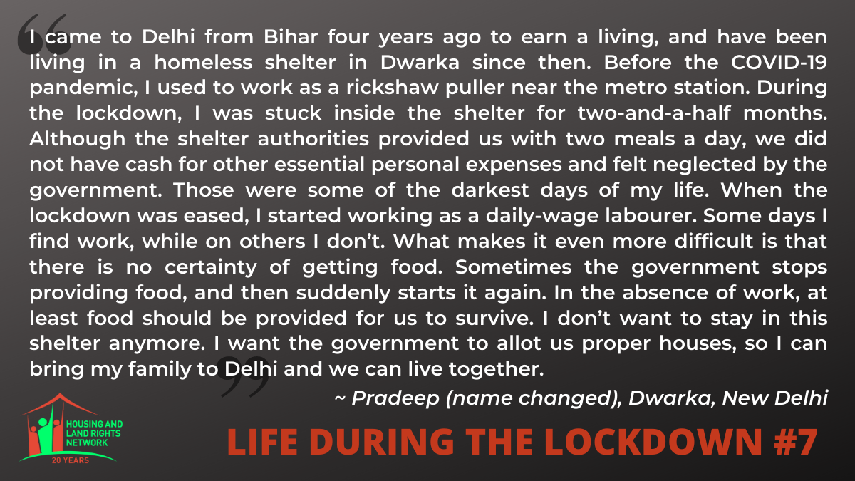 HLRN_India's tweet photo. #LifeDuringLockdown: Even after lockdown restrictions have been eased in India, #homeless persons continue to suffer from lack of work, income, and food security. Unreliable state policies exacerbate their challenges.
Read how Pradeep survived the 'darkest days of his life.' https://t.co/SA9oVsVsnS