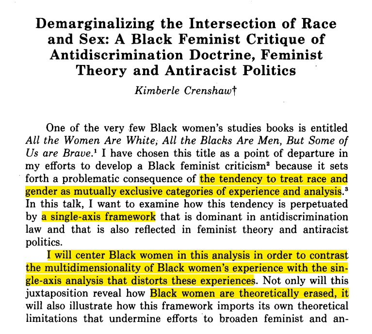 Here's Prof. Crenshaw's article introducing intersectionality as a framework for making sense of -- & centering -- the experiences of oppression of Black women. Dr. Doyle is using *Black feminist theory* to criticize Dr. MRO after she called him out for posting her location.