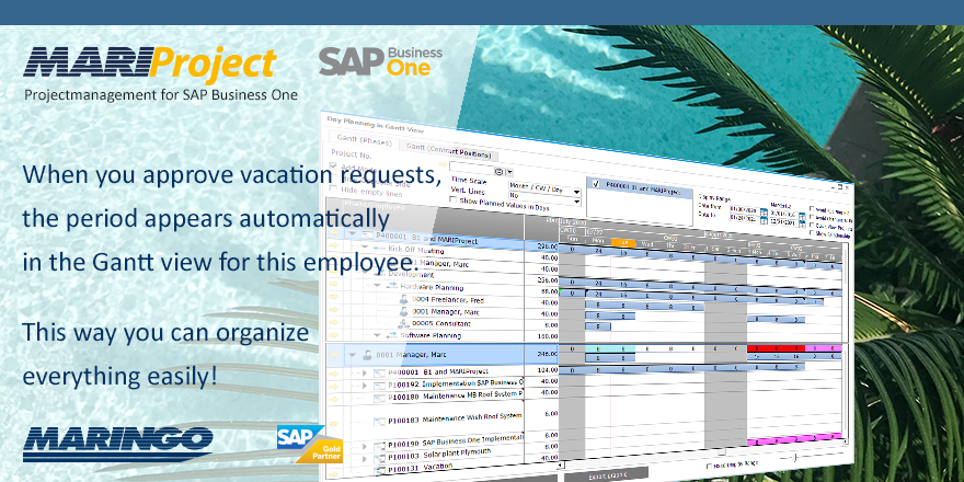 MARINGOcomputer's tweet photo. When you approve vacation requests in #mariproject for #sapbusinessone, the period appears automatically in the Gantt view for this employee. This function makes project planning and personnel organization easier! Learn more: https://t.co/y5c1cVb4Td https://t.co/W2Tn5b9jdK