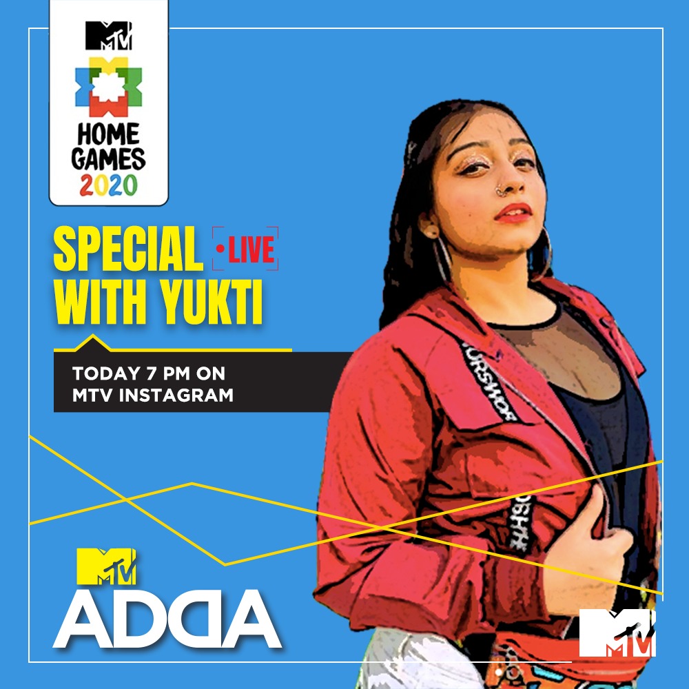 MTVIndia's tweet photo. Agar #MTVHomeGames ki categories ‘Saree Not Sorry’ aur ‘Breathless’ ke baare me sab kuch jaan na chahte ho toh catch Yukti LIVE on #MTVAdda, tonight at 7 PM on @MTVIndia's Instagram. https://t.co/3JBZm5KLmQ