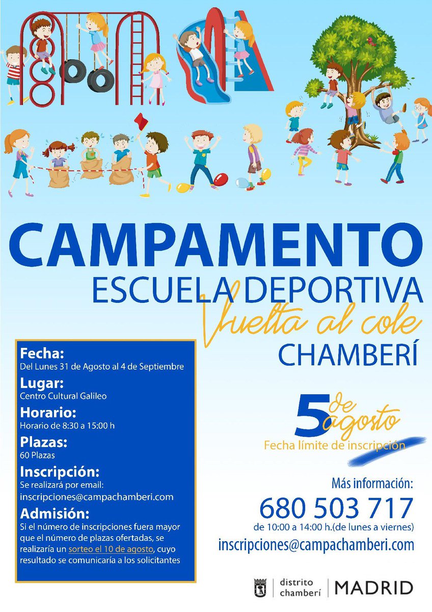 JMDChamberi's tweet photo. Hasta el 5 de agosto está abierta la inscripción para el Campamento “Vuelta al Cole” de Chamberí. Aún quedan plazas. Apúntate!!!! https://t.co/I4ogO4UUG4