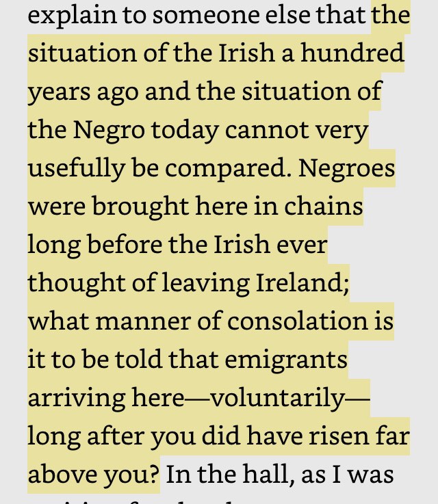 Know what else was happening at the same time? Black people who spoke about racism were being shut down by white people invoking "racism" against the Irish. James Baldwin talks about this (screenshot from The Fire Next Time, 1962).