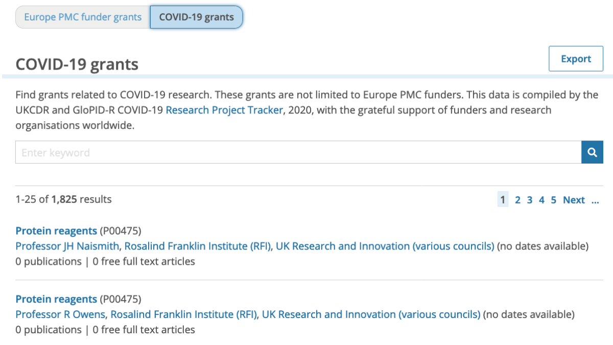 Track and search COVID-19 grants using Europe PMC’s grant finder tool. To ensure that #COVID19 grants are more widely available and accessible, the <a href="/The_MRC/">Medical Research Council</a>, worked with <a href="/UKCDR/">UKCDR</a> and <a href="/GloPID_R/">GloPID-R</a>, to provide COVID-19 grant data to Europe PMC. Read more: bit.ly/3jJJUZr.