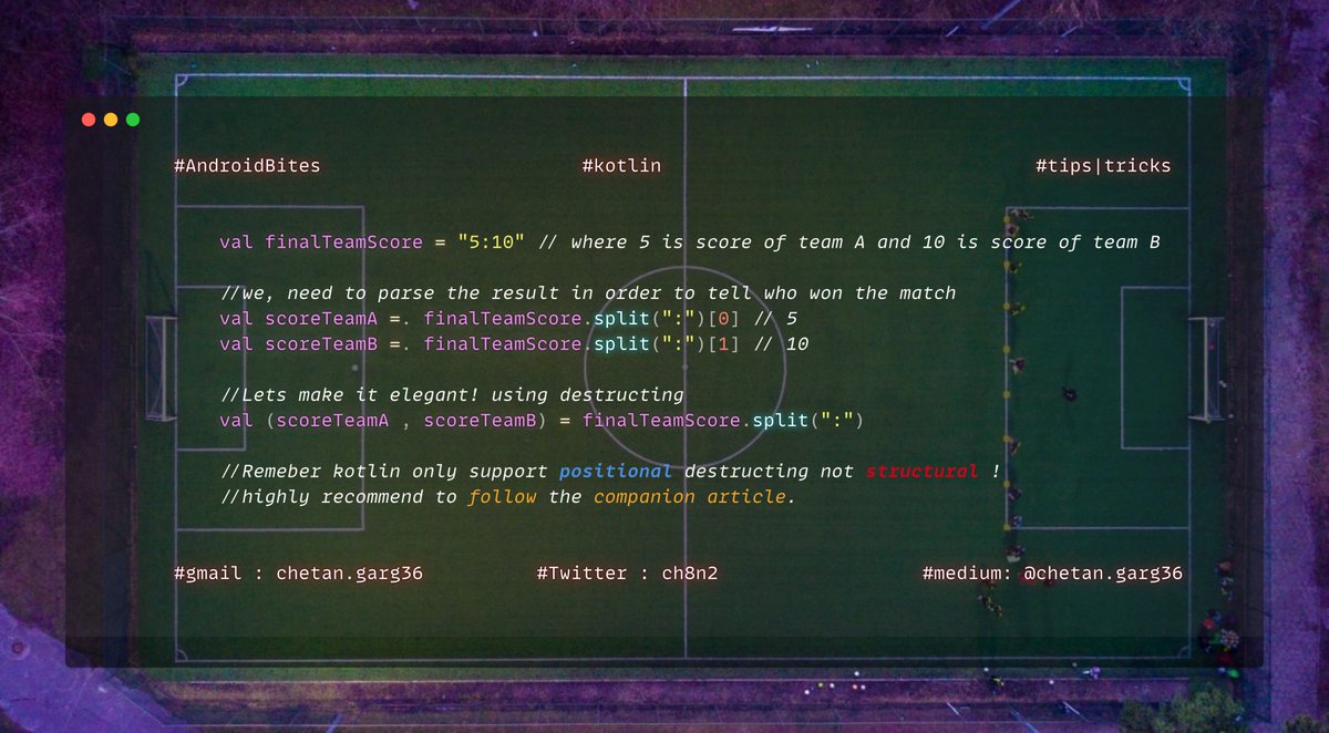 Ch8n2's tweet photo. #AndroidBites #kotlin
Hi #androiddev,
Before you go all in language features such as destruction, make sure to go through the limitation that they impose.
to know more follow the link!
https://t.co/4HgyaARQQY
๐ on the code ๐ป๐
#android #google #java #kotlinTips https://t.co/15QeTT9Dxj