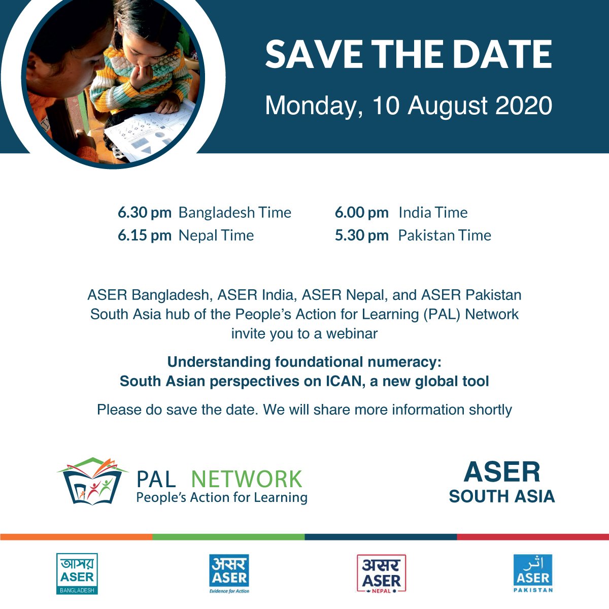 itacecorg's tweet photo. SAVE THE DATE!

We are proud to announce that the South Asia hub of @palnetworkHQ will host a webinar on
“Understanding foundational #numeracy: South Asian perspectives on #ICAN2020, a new global tool” on August 10.

Stay tuned for more updates! https://t.co/yKSwT7nv86