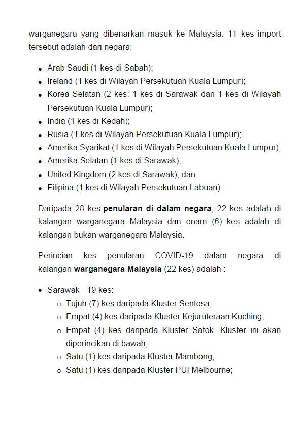 KKMPutrajaya's tweet photo. Kenyataan Akhbar KKM Situasi Semasa Jangkitan Penyakit Covid-19, 28 Julai 2020

- 6 kes sembuh
- 39 kes baharu (28 tempatan, 11 import)
- 2 kluster baharu dikesan (PUI Sivagangga dan Satok)
- 6 kluster laporkan kes baharu
- Jumlah kes import kini 751 https://t.co/rNfCPCOP9Y