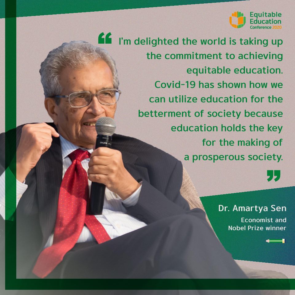 AllforEd2020's tweet photo. Continuing our look back at the first Equitable Education e-conference, we were welcomed to the first session by Nobel laureate @AmartyaSen_Econ and his ideas on how education is central to solving any humanitarian crisis. #allforeducation #COVID19 #sdg4 https://t.co/OF0xQcQurb