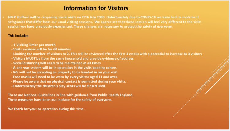 stafford_hmp's tweet image. We are pleased to say our visits can restart from tomorrow, following a few amendments to ensure safety for all. Below is more information for any visitors