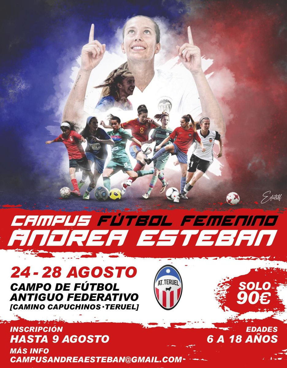 ¡¡¡IV Campus <a href="/andreaesteban10/">Andrea Esteban</a> !!! Abierto el plazo de inscripciones edición 2020
⚽️ Jugadoras de 6 a 18 años #futfem 
🗓️ Del 24 al 28 de agosto
🏟️ Antiguo Federativo de Teruel - <a href="/EscuelaTeruelF/">EscuelaAtTeruelFEM</a> 
📑 Entrenador@a y monitor@s titulados
⚠️ Protocolo sanitario vs Covid-19