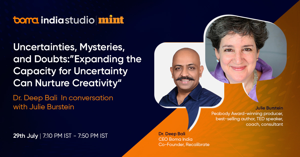 livemint's tweet photo. Watch @BomaIndia tomorrow, as they host TED speaker and best-selling author Julie Burnstein and talk about 'how one can be creative in Uncertainty'. 

Book your free seat here: https://t.co/GCSvrv81aq https://t.co/eMjs0bGQSW