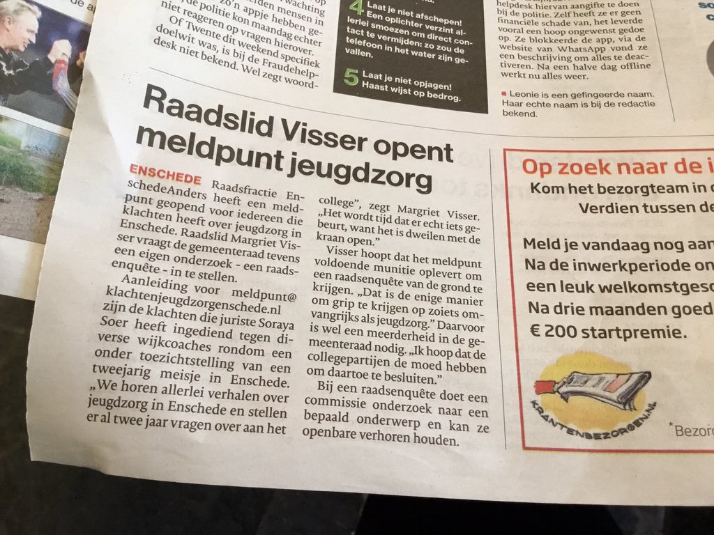 Het wordt tijd voor een grondig onderzoek. Meldpunt geopend en de eerste meldingen zijn al binnen.
meldpunt@klachtenjeugdzorgenschede.nl
Graag RT