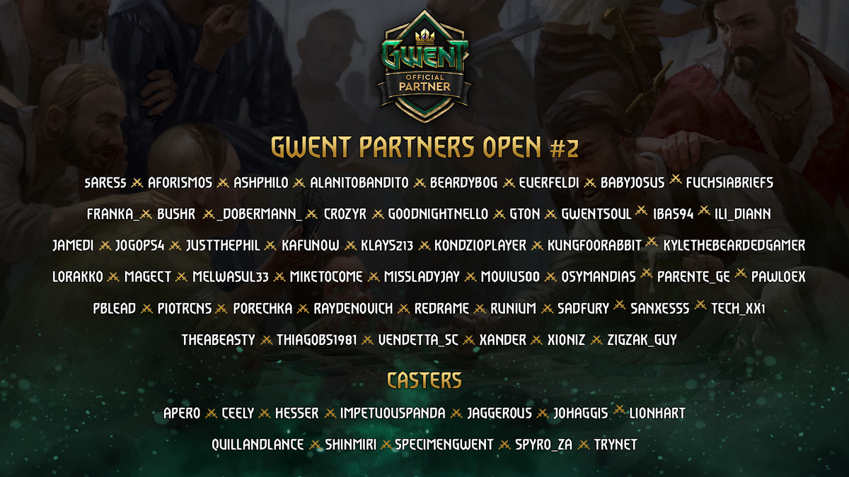 Gwent_DE's tweet photo. Heute um 18 Uhr startet GWENT Partners Open #2 - und wir freuen uns sehr, das Line-Up zu präsentieren. 

Wir sind natürlich komplett neutral, aber schaltet gerne mal bei unseren deutschen Streamern rein. Oder natürlich auf https://t.co/0aWgTxnOhu . https://t.co/dsULPD15Sg