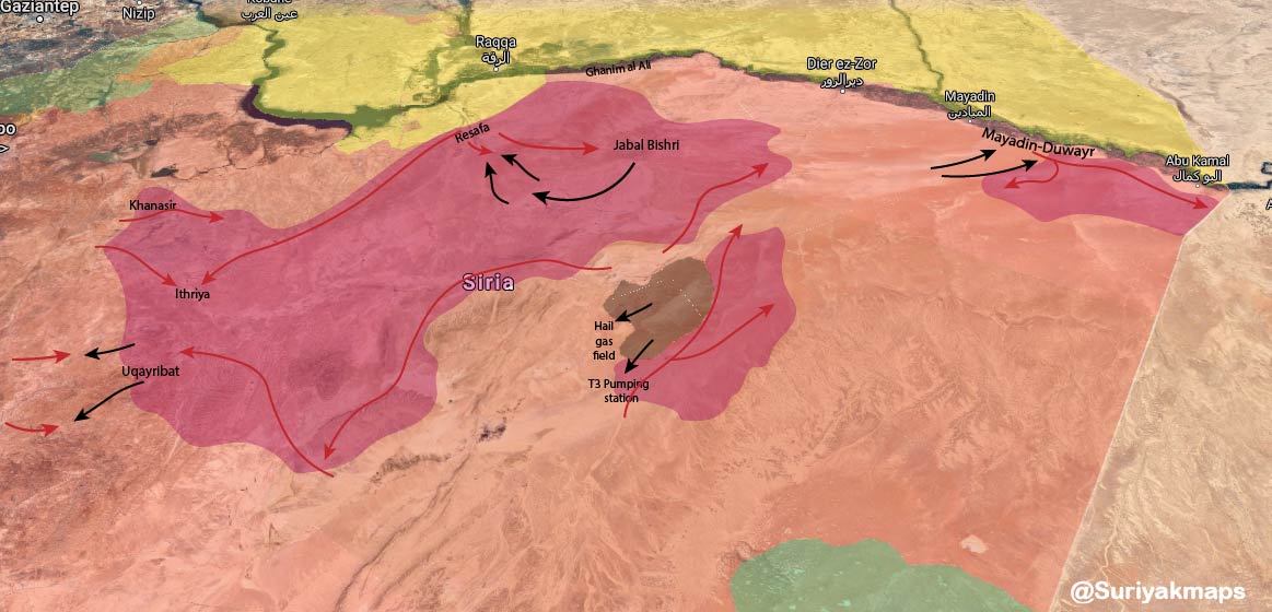 highlighting the areas of Jabal Bishri, Resafa, Ghanim al Ali, Uqayribat, Khanasir-Ithriya, Hail gas field-T3 pumping station & Mayadin-Duwayr axis as of remarkable growth ones. Despite the extent of these operations, the results continue to have little success &  #ISIS (7)