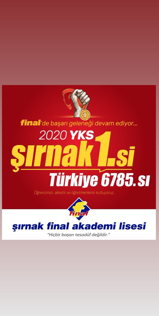 FinalSirnak's tweet photo. FİNAL AİLESİ olarak öğrencimizi kutlar ve başarılarının devamını dileriz. Başarmak ve en iyisi olmak için FİNAL daima yanınızda. https://t.co/k7qRcu9ewN