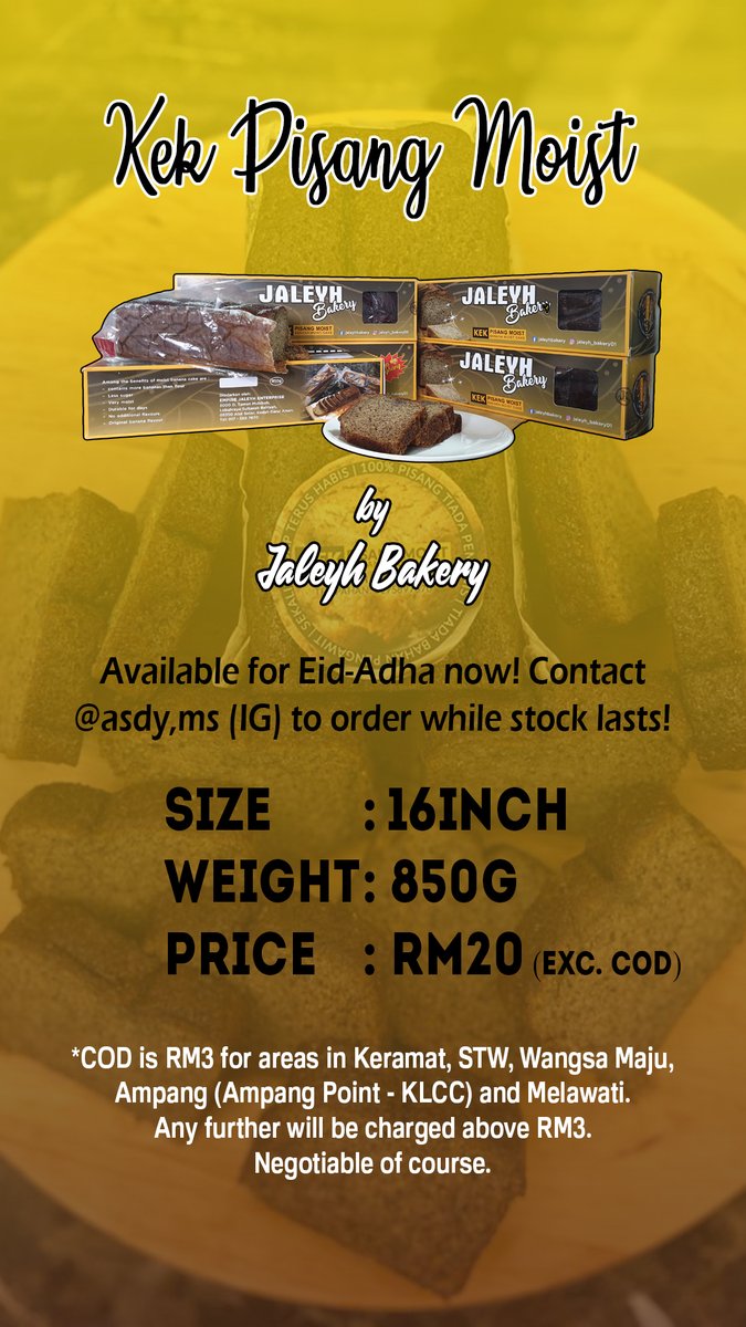Forgotlah's tweet photo. Hi!
I bet most UUM students are well-familiar with Jaleyh Bakery's Kek Pisang Moist! I am an agent (of destruction (jkjk)) for the banana cake in KL area 😁😁 For those who'd love to have Kek Pisang for this Eid-Adha, you can directly PM me your contact number! https://t.co/xpgZJ52TUP