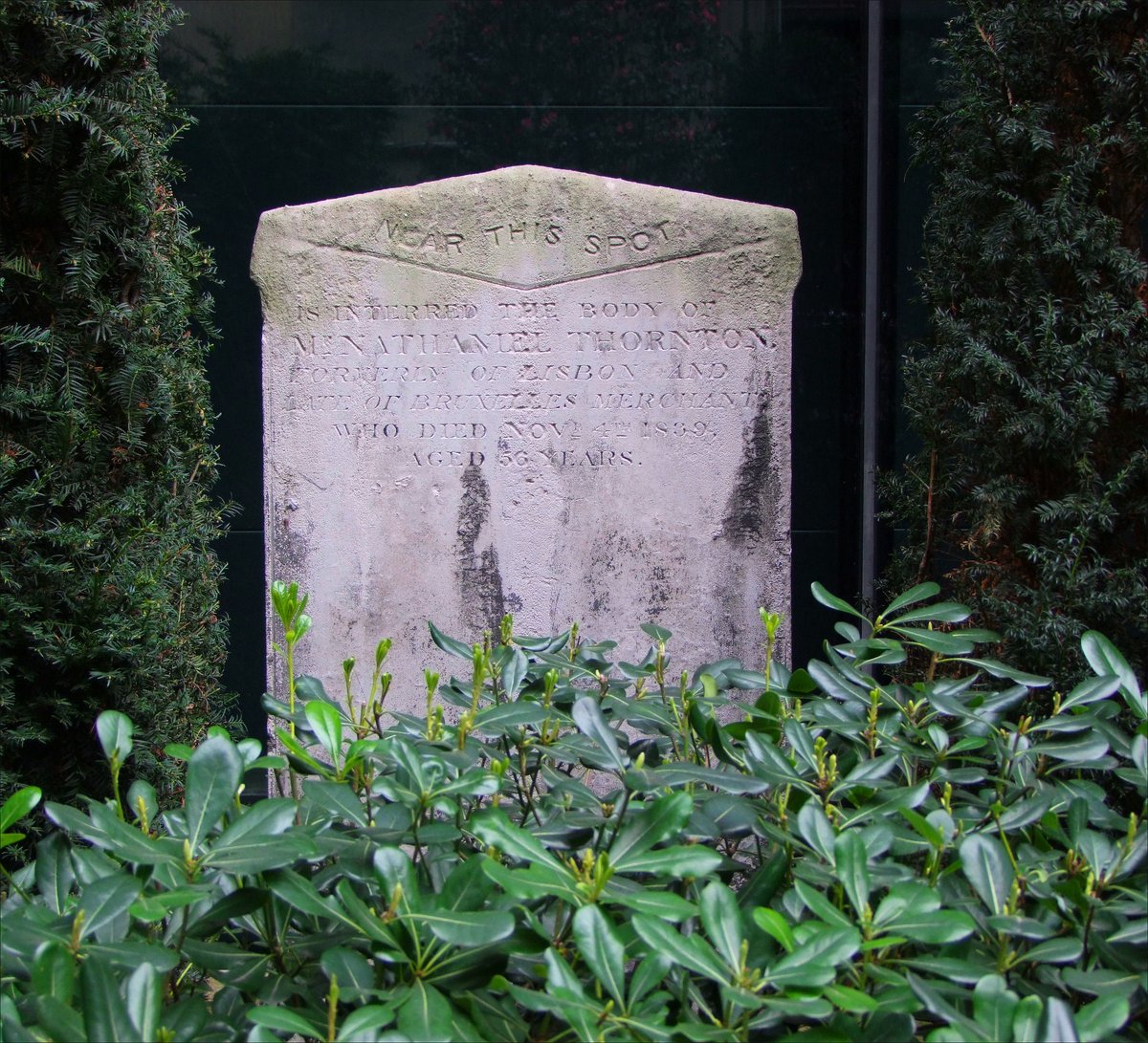 The former burial ground of St Swithin London Stone. Nathaniel Thornton, 'formerly of Lisbon and late of Bruxelles, merchant', still sleeps quietly among the tower blocks. http://www.simonknott.co.uk/citychurches/060/church.htm