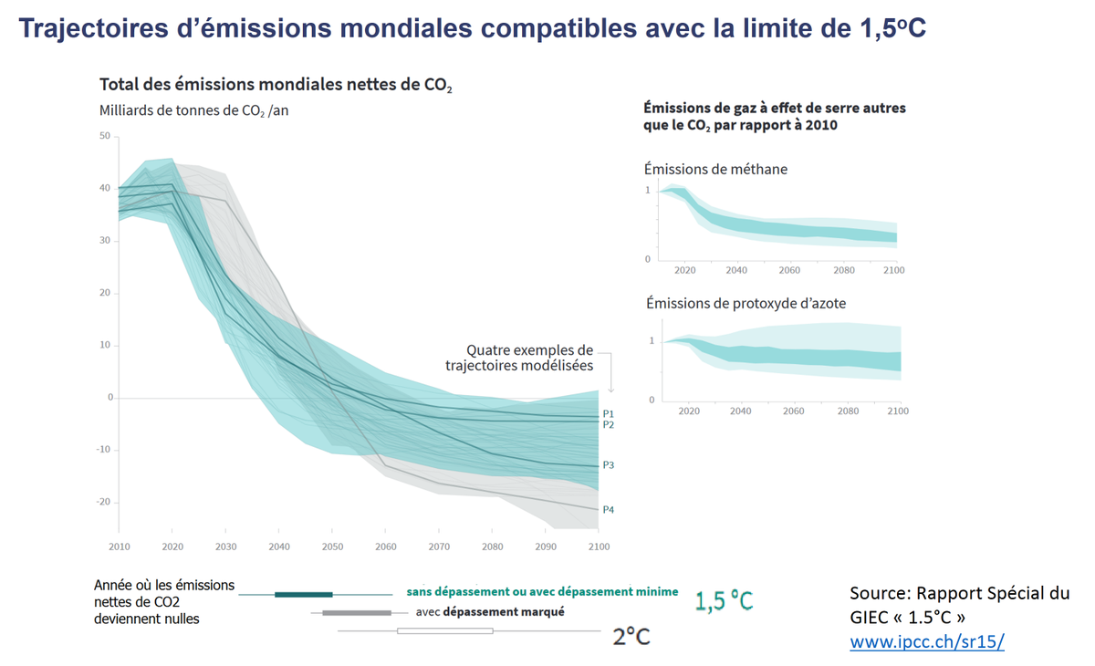 des émissions nettes nulles : les émissions positives résiduelles sont contrebalancées par des émissions négatives vers 2050 (2070 pour l’objectif de +2°C).  https://www.ipcc.ch/site/assets/uploads/sites/2/2019/09/IPCC-Special-Report-1.5-SPM_fr.pdf (7/9)