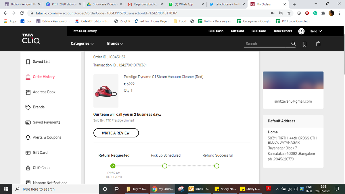 smitzaveri's tweet photo. @TataCLiQCare You say this in public now but in private your customer care is awful and non-responsive. I have sent you screenshots in your personal messages with more details. Here is a screenshot of my return request from 10th July that I am still waiting to hear back from you on. https://t.co/ZnxZ8seCDY