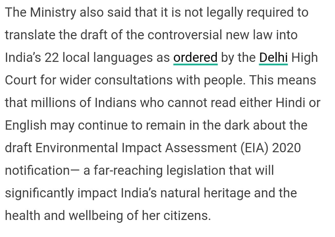2/ Earlier, #EIA2020draft was only shared in हिन्दी & English. Later, Delhi High Court @moefcc to translate it to 22 regional languages & circulate in 10 days.The ministry delayed, was then prompted by K'taka HC & now argues it is not legally obliged to do so! @DeshmaneAkshay